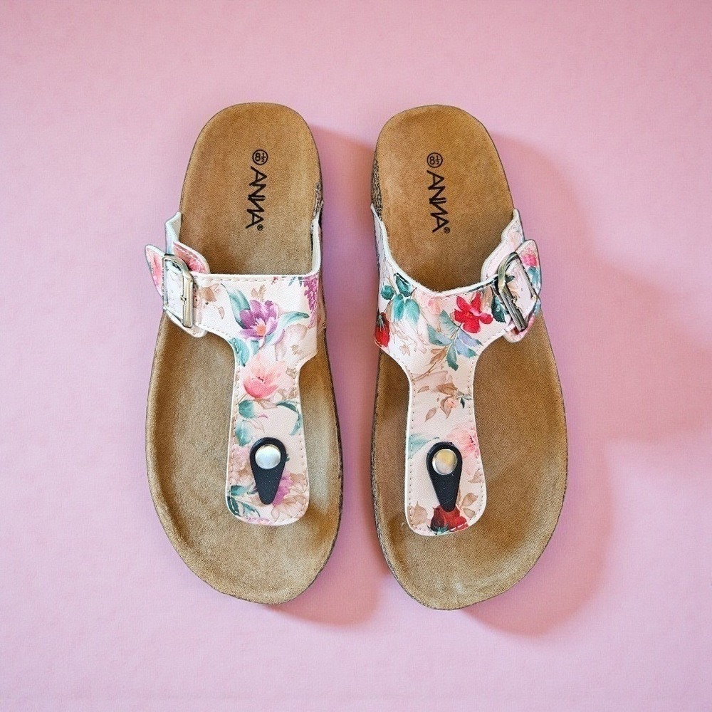 Anna Glory-200 Womens Floral Print Cork Footbed Thong Sandals Size 7 NEW
